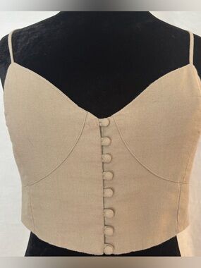 Beige Linen Blend Bustier Crop Top Sz S Button Front Corset Cami Neutral Boho
